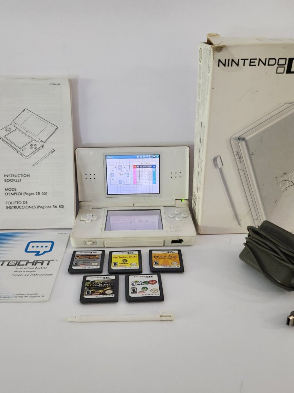 Nintendo DS Lite Bundle Console 5 Games Stylus Box Adapter Manual Polar White